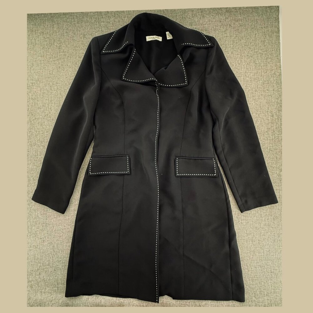 Amanda Smith Long Coat/ Jacket Black Classic White Stitch Trim10 Hidden Buttons
